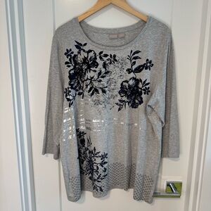 Chico’s Zenergy Tunic Top Gray Black Floral Print XXL